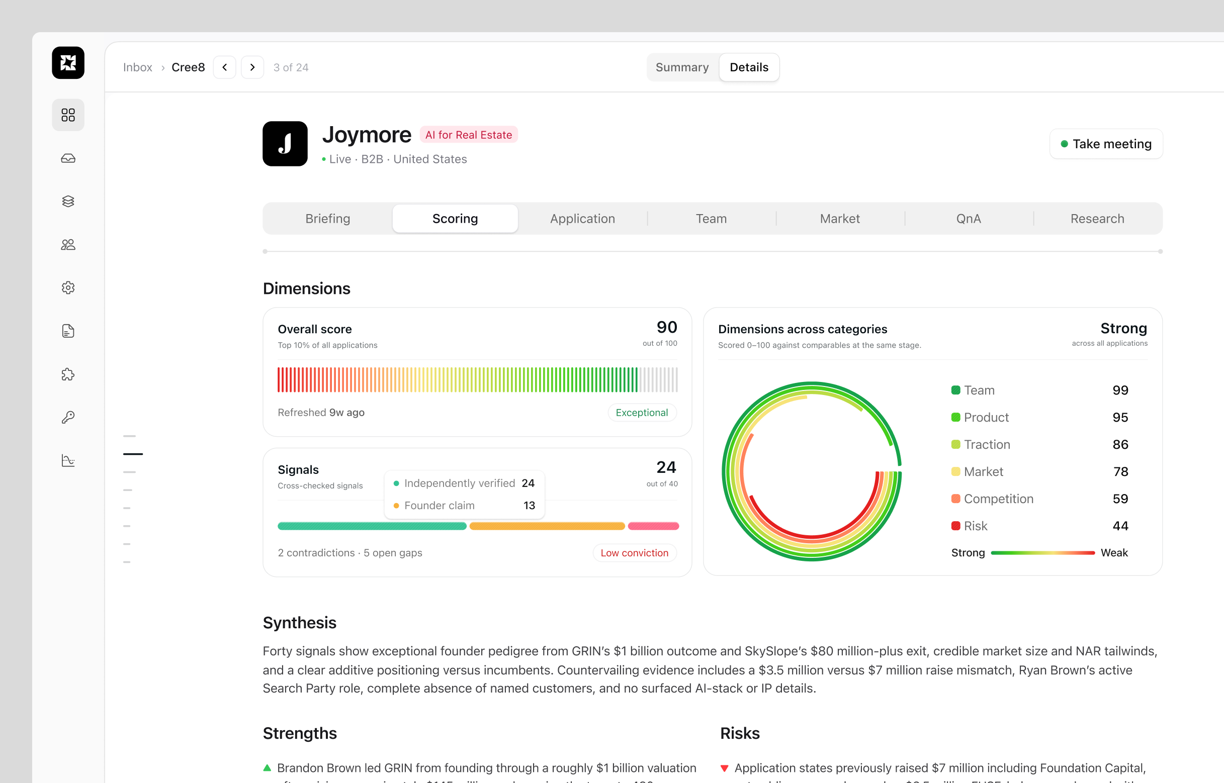 Company assessment with scores, evidence signals, strengths, and risks