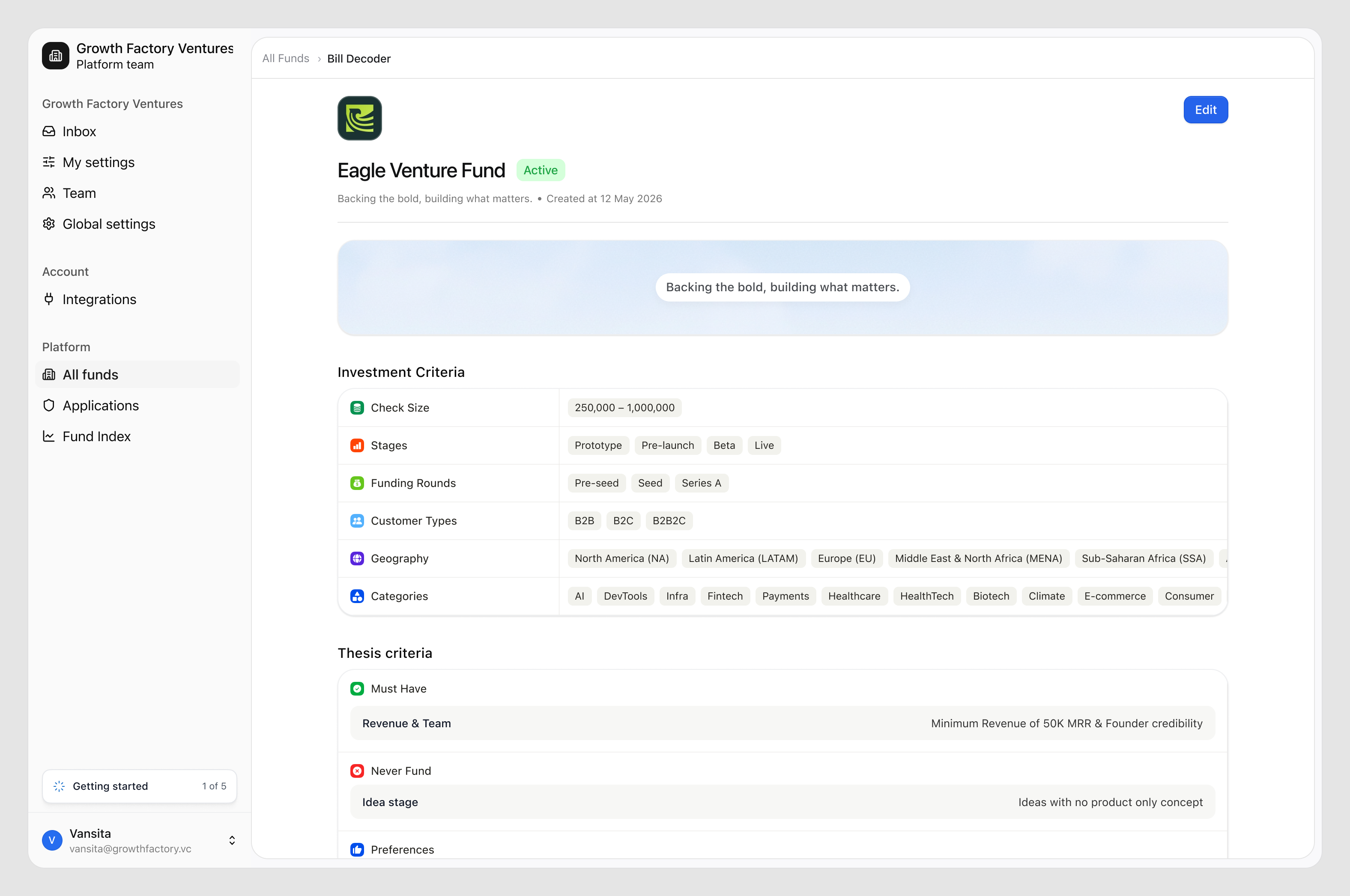 Fund profile showing investment criteria used to match founder applications