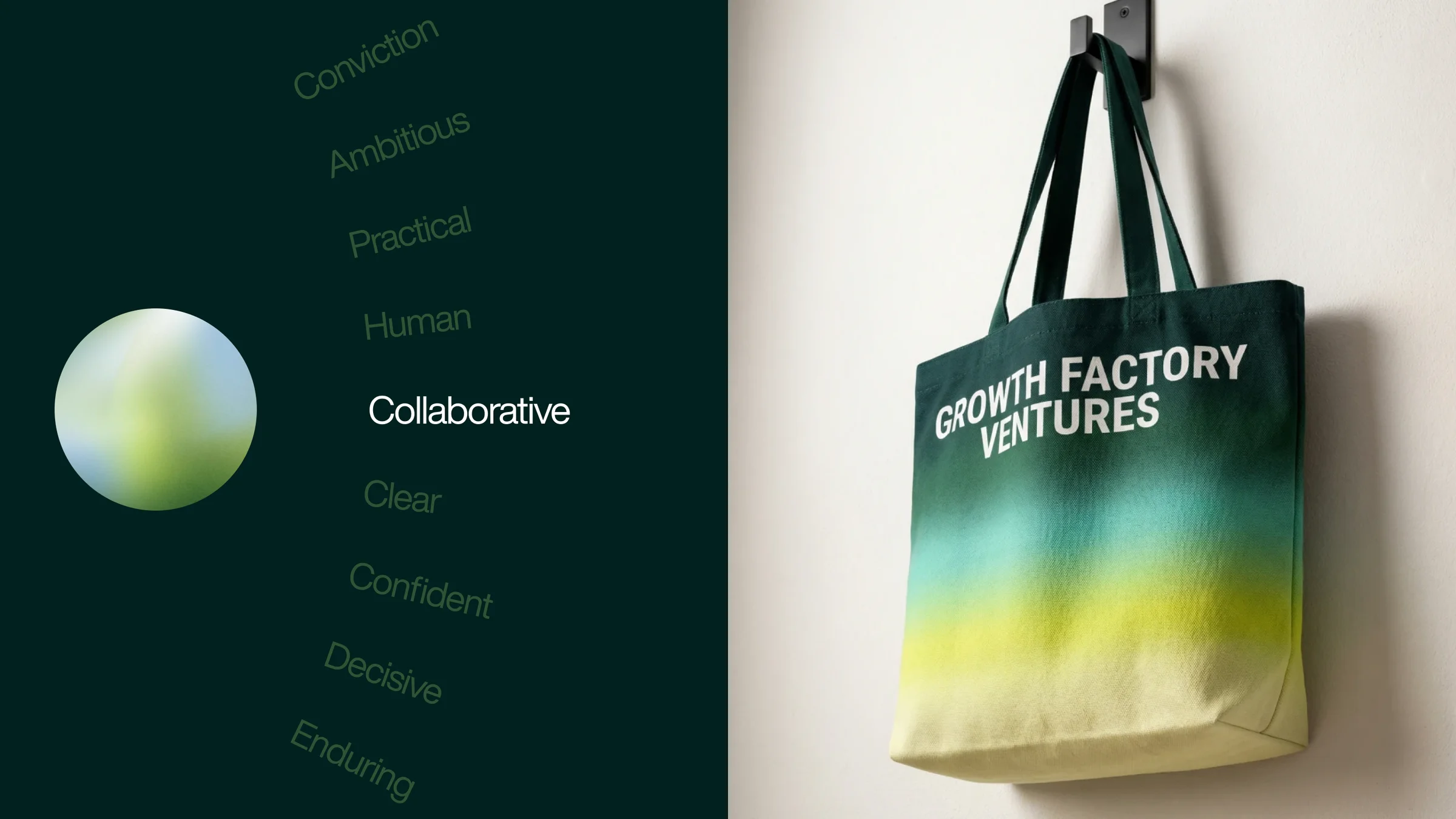 GFV tone of voice: conviction, ambitious, practical, human, collaborative, clear, confident, decisive, and enduring, paired with a globe and branded tote.