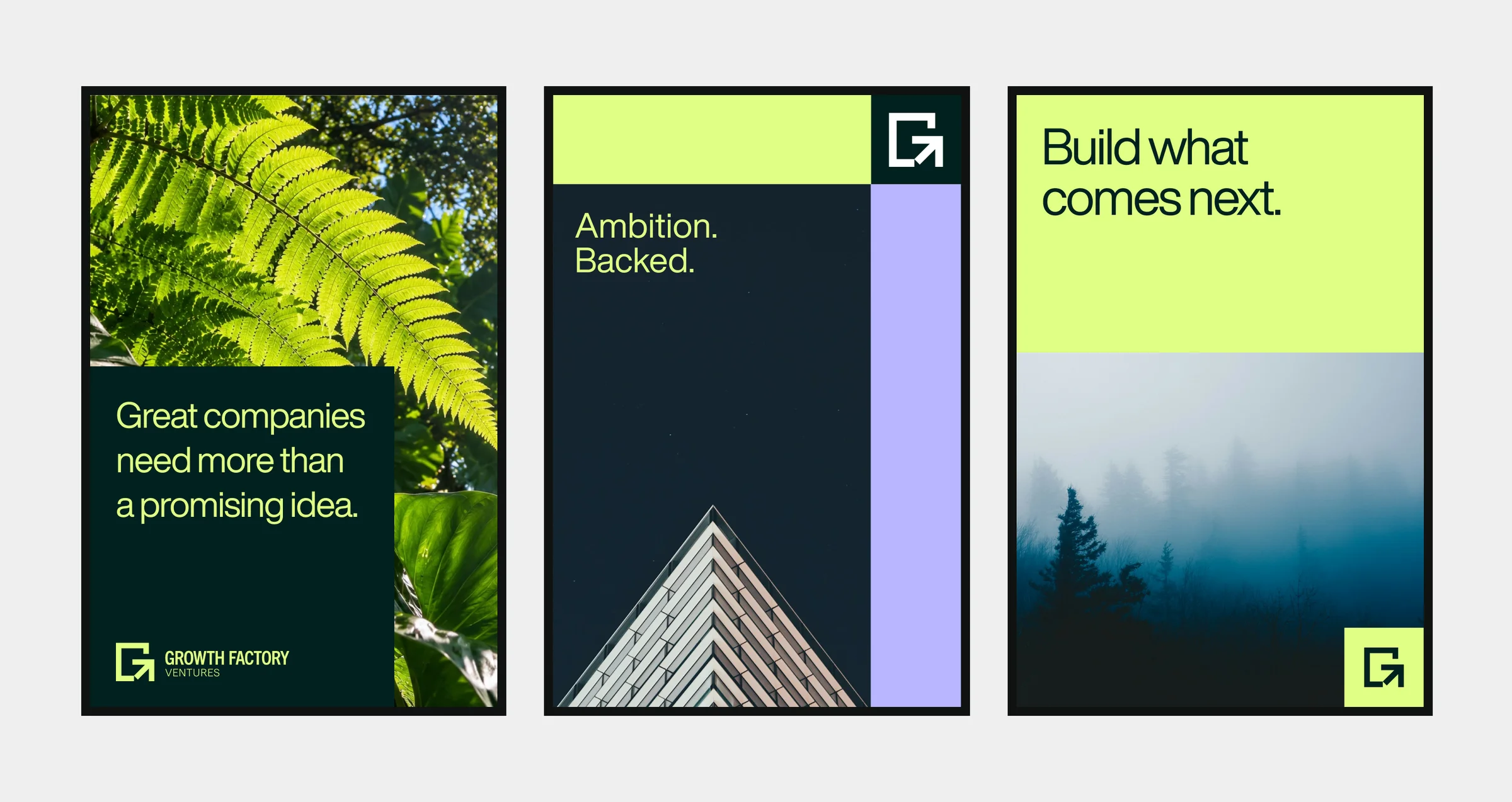 Three GFV editorial posters using nature, architecture, lime, and lavender.