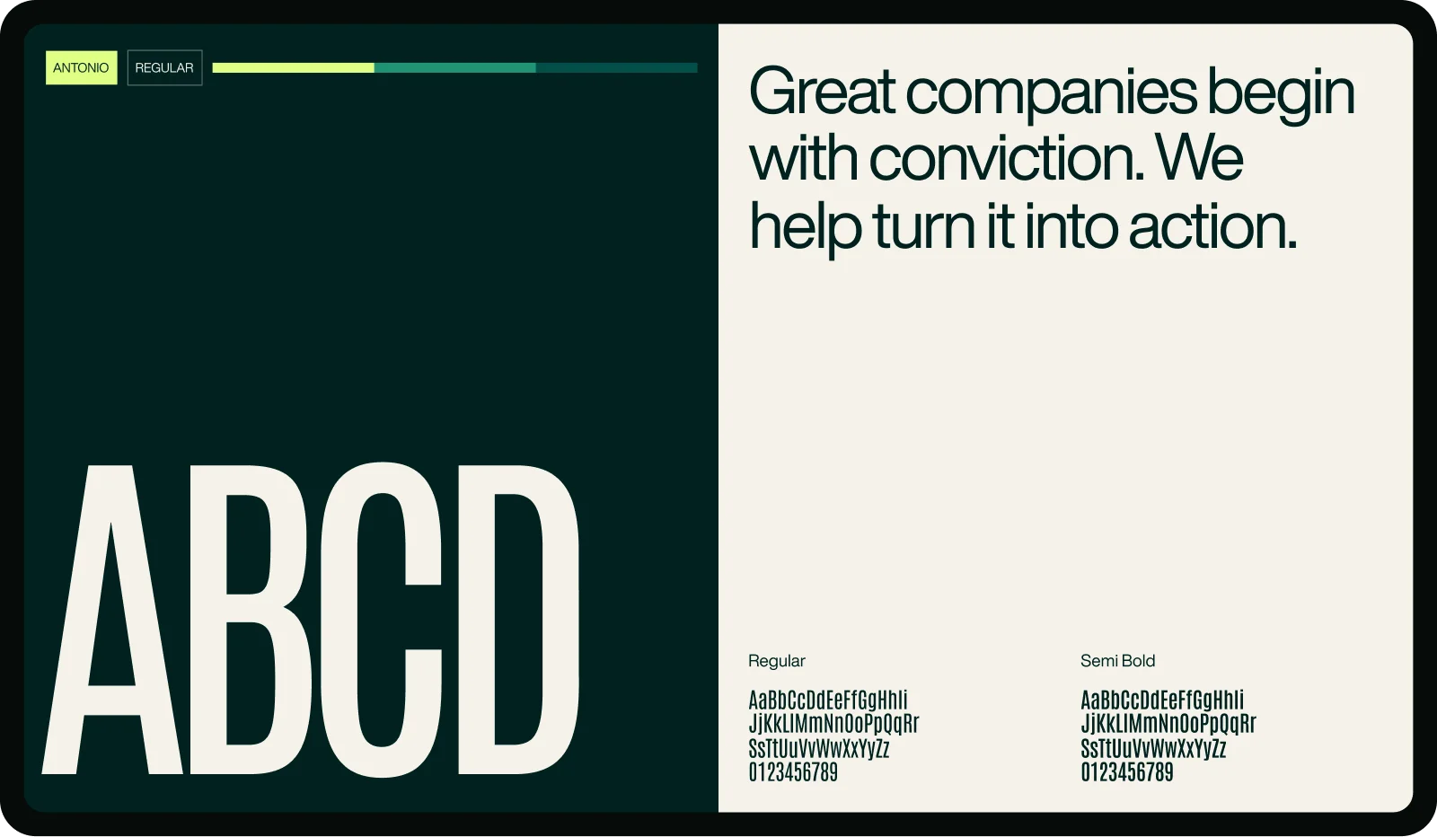 Antonio specimen with large condensed letterforms, supporting copy, and Regular and Semi Bold alphabets.