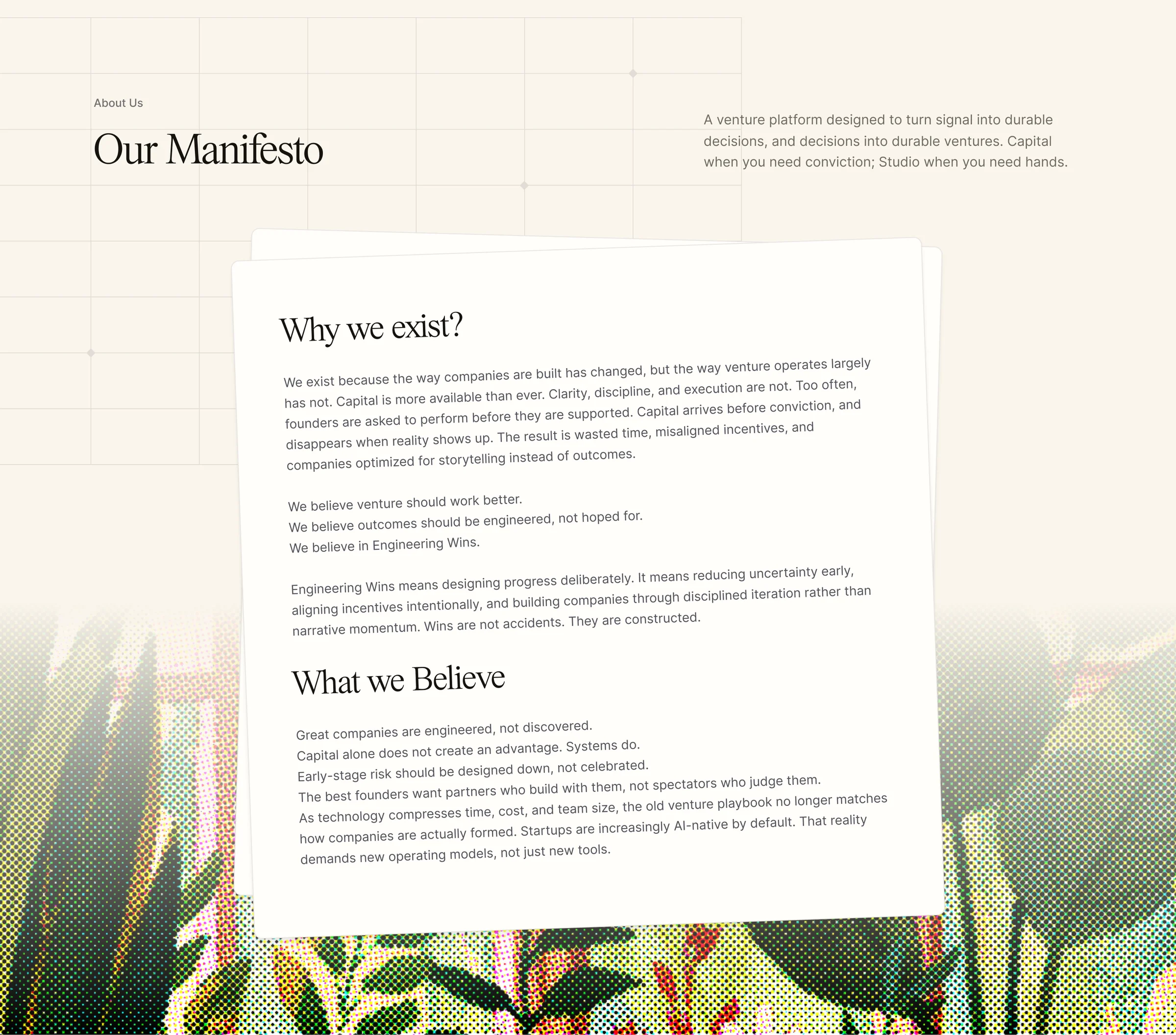 Growth Factory Ventures Our Manifesto website page, with Why we exist and What we Believe on layered cream cards above a halftone nature photograph.