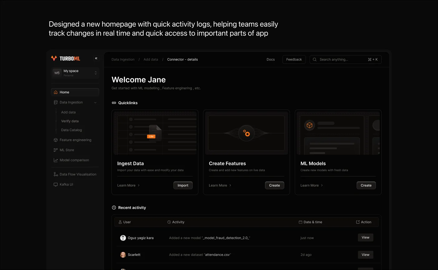 TurboML workspace with activity logs and quick access