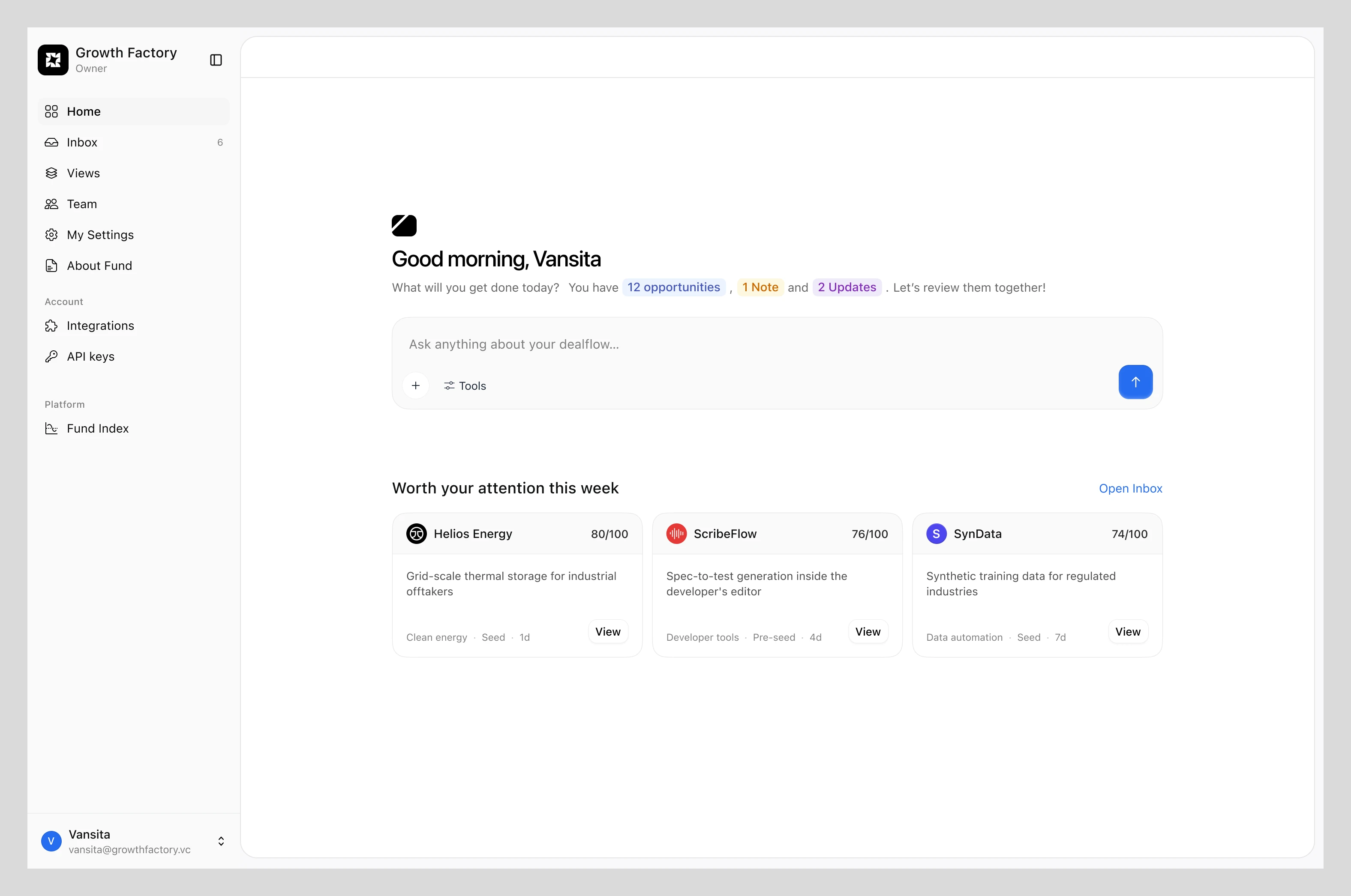 Investor dashboard with matched opportunities and companies worth reviewing