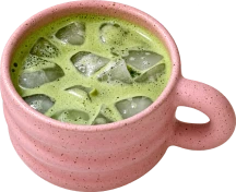 Iced matcha in a pink cup