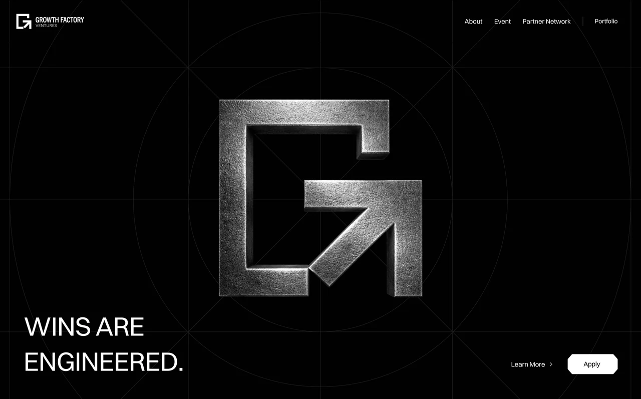 Growth Factory Ventures silver emblem and Wins Are Engineered website cover