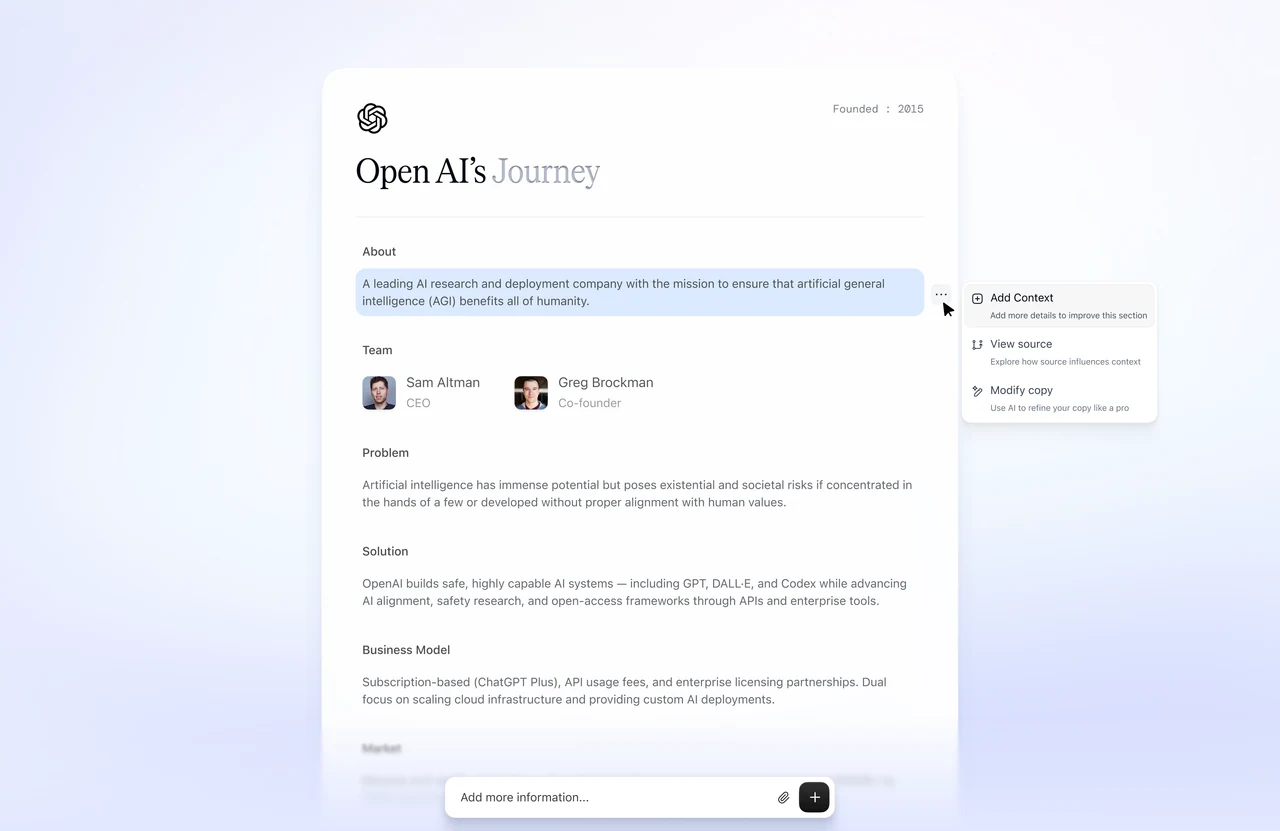 VentureOS company journey and contextual editing interface